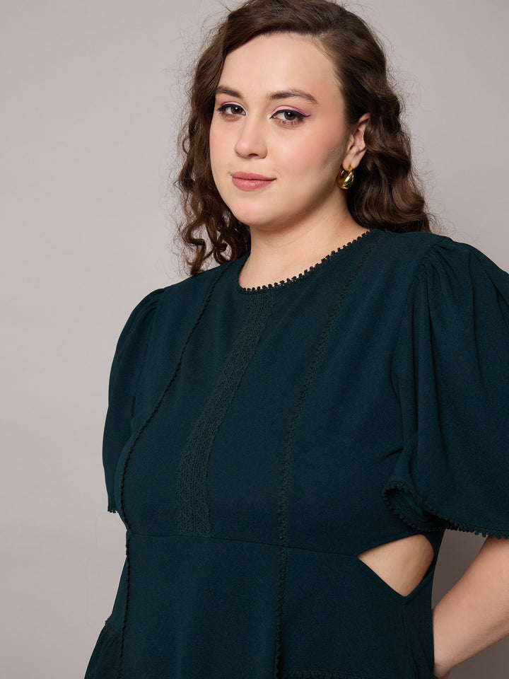 Emerald Green Side Cut Out Frill Sleeves Dress-SASSAFRAS Curve