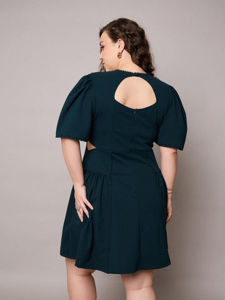 Emerald Green Side Cut Out Frill Sleeves Dress-SASSAFRAS Curve
