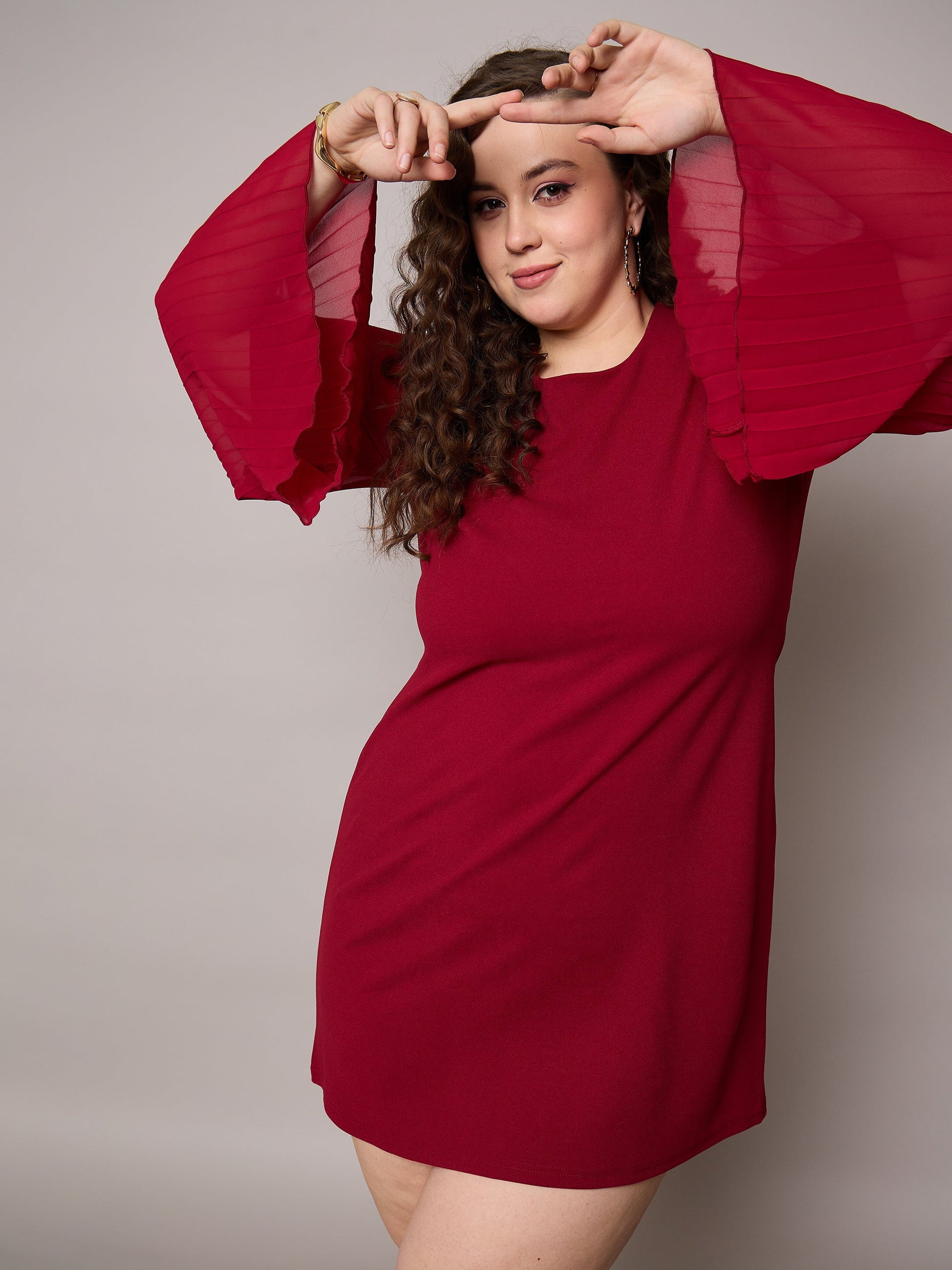 Plus size women's Maroon Polyester Maroon Pleated Sleeves Straight Fit Dress by Sassafras Curve for wholesale buyers, boutiques, resellers and bulk