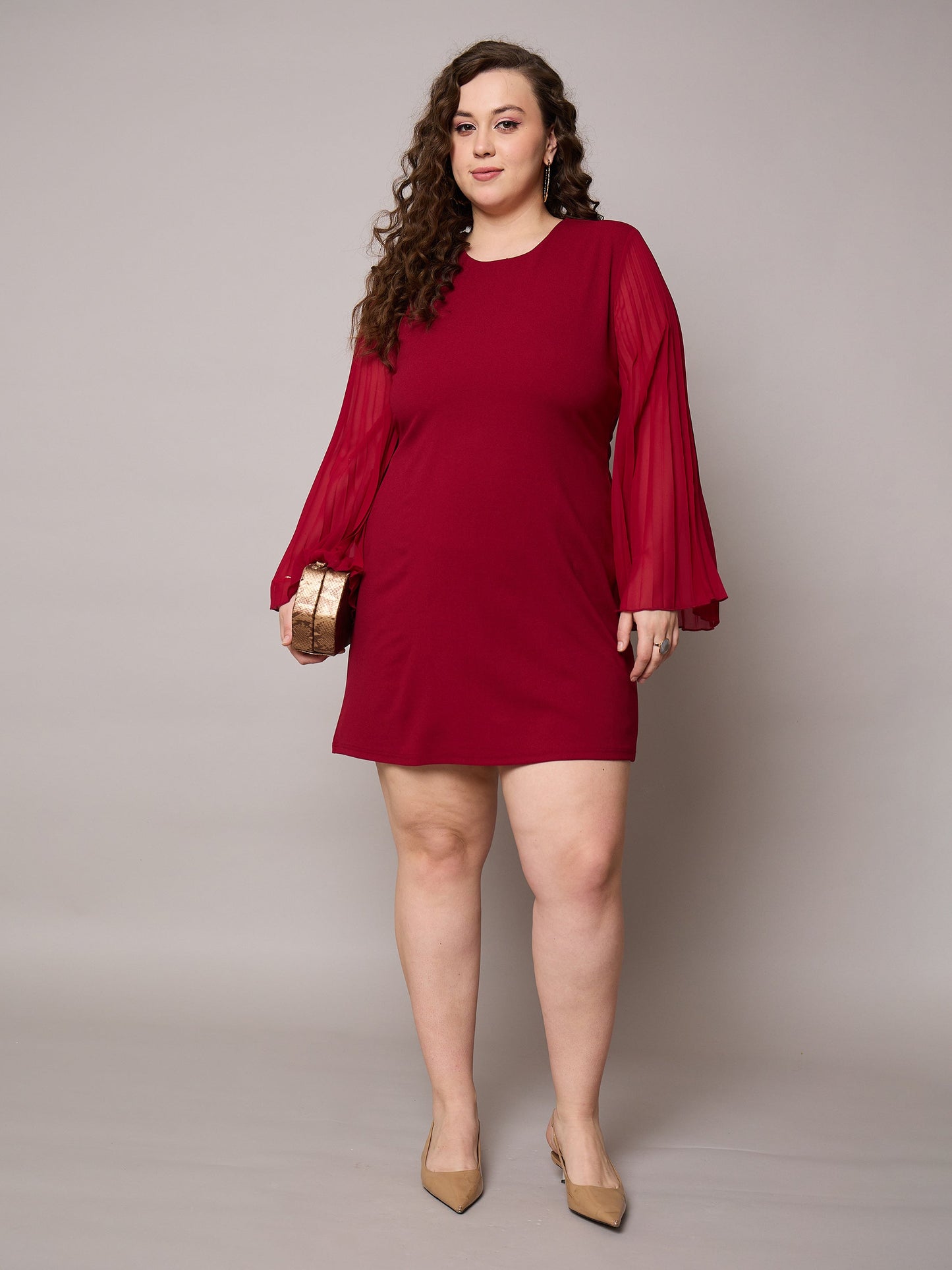 Maroon Pleated Sleeves Straight Fit Dress-SASSAFRAS Curve
