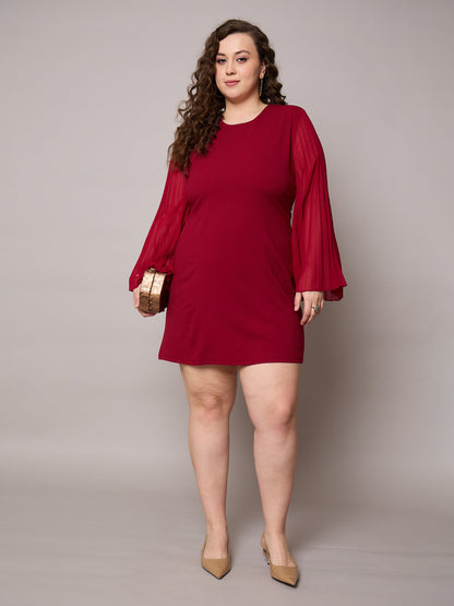 Maroon Pleated Sleeves Straight Fit Dress-SASSAFRAS Curve