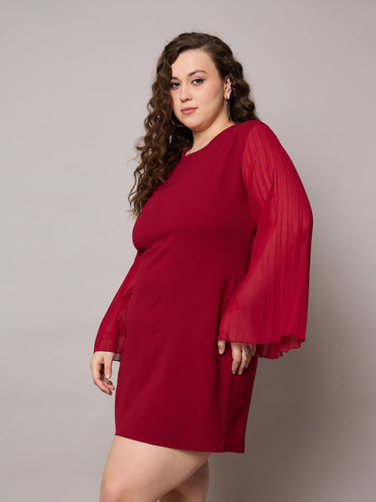 Maroon Pleated Sleeves Straight Fit Dress-SASSAFRAS Curve