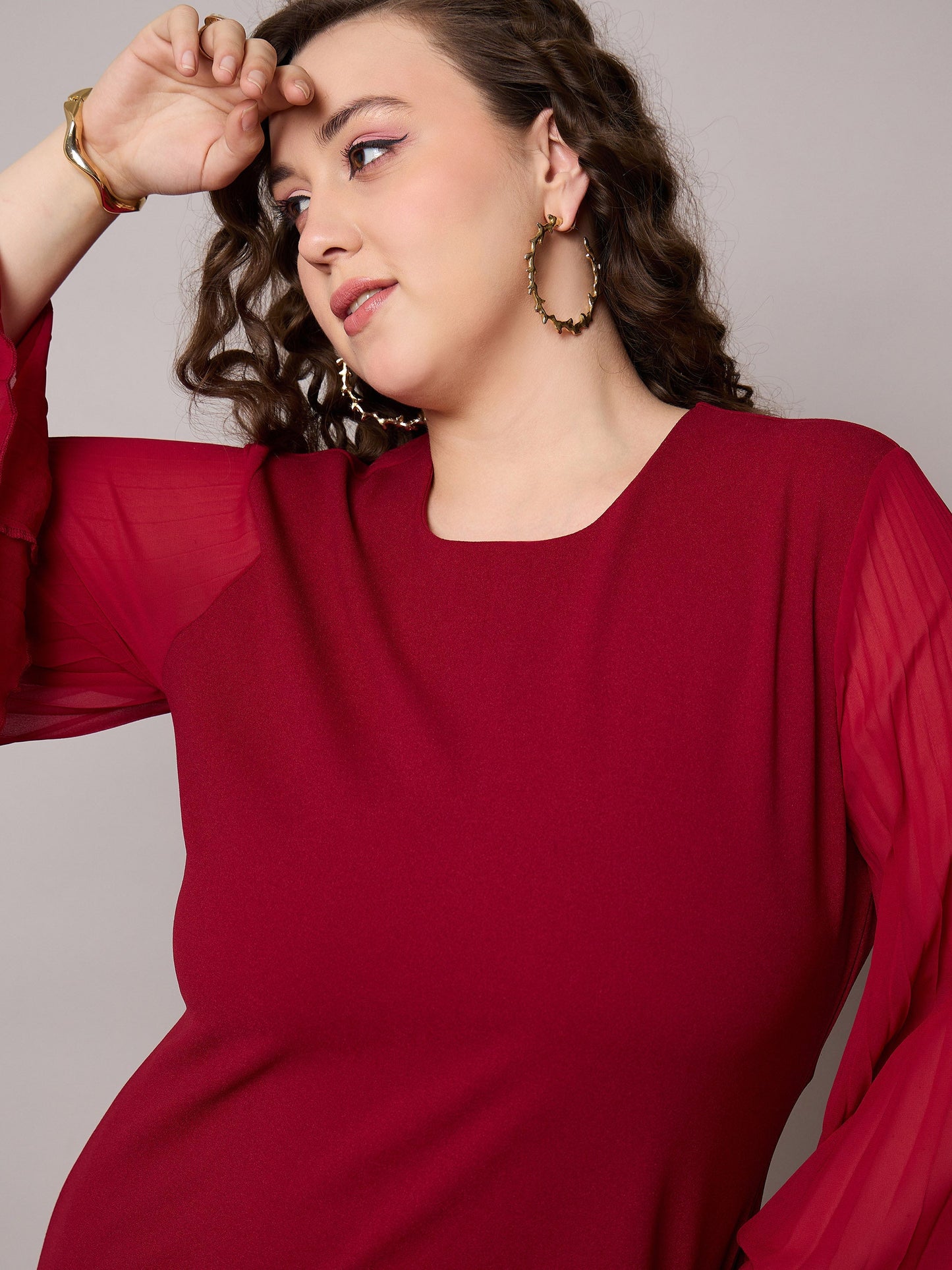 Maroon Pleated Sleeves Straight Fit Dress-SASSAFRAS Curve