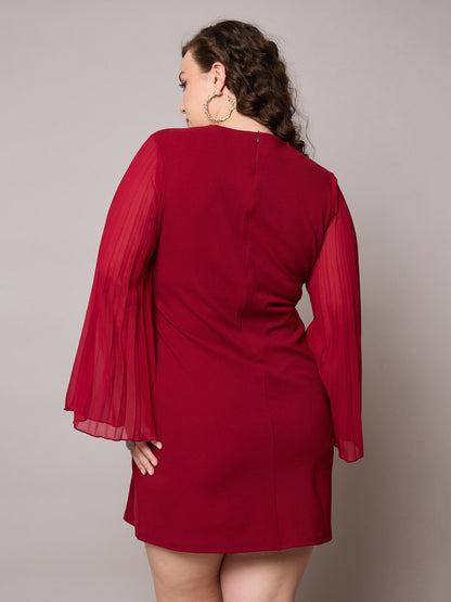 Maroon Pleated Sleeves Straight Fit Dress-SASSAFRAS Curve