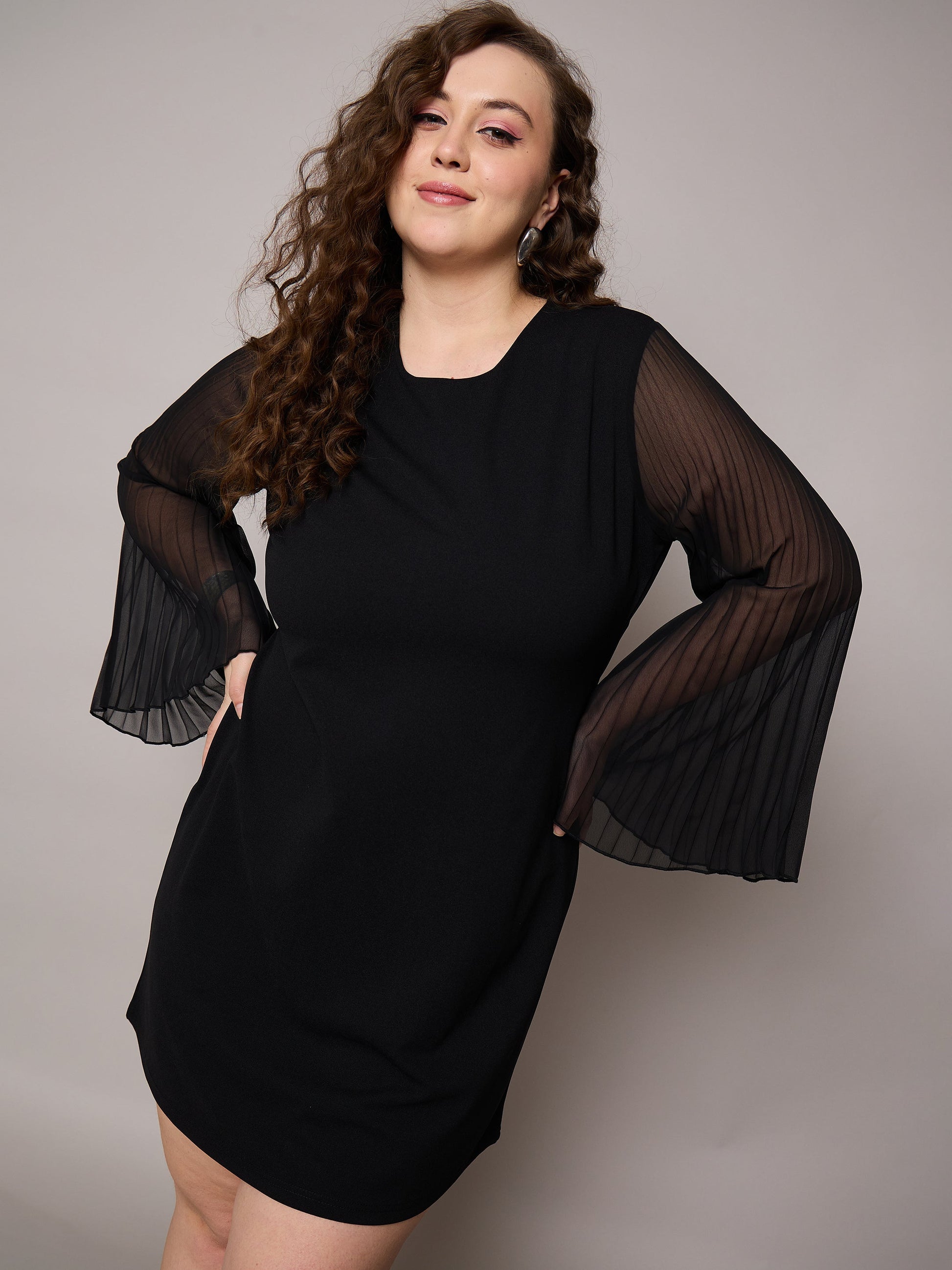 Plus size women's Black Polyester Black Pleated Sleeves Straight Fit Dress by Sassafras Curve for wholesale buyers, boutiques, resellers and bulk