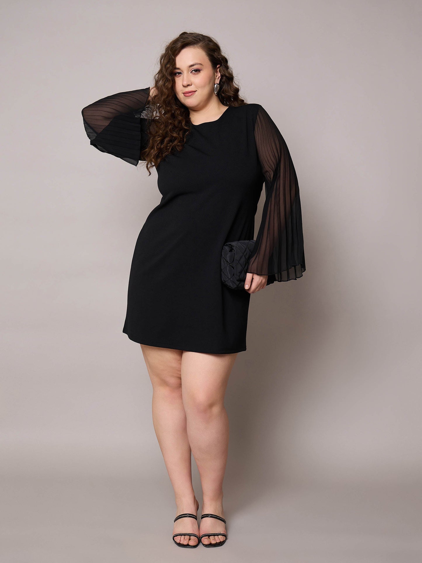 Black Pleated Sleeves Straight Fit Dress-SASSAFRAS Curve