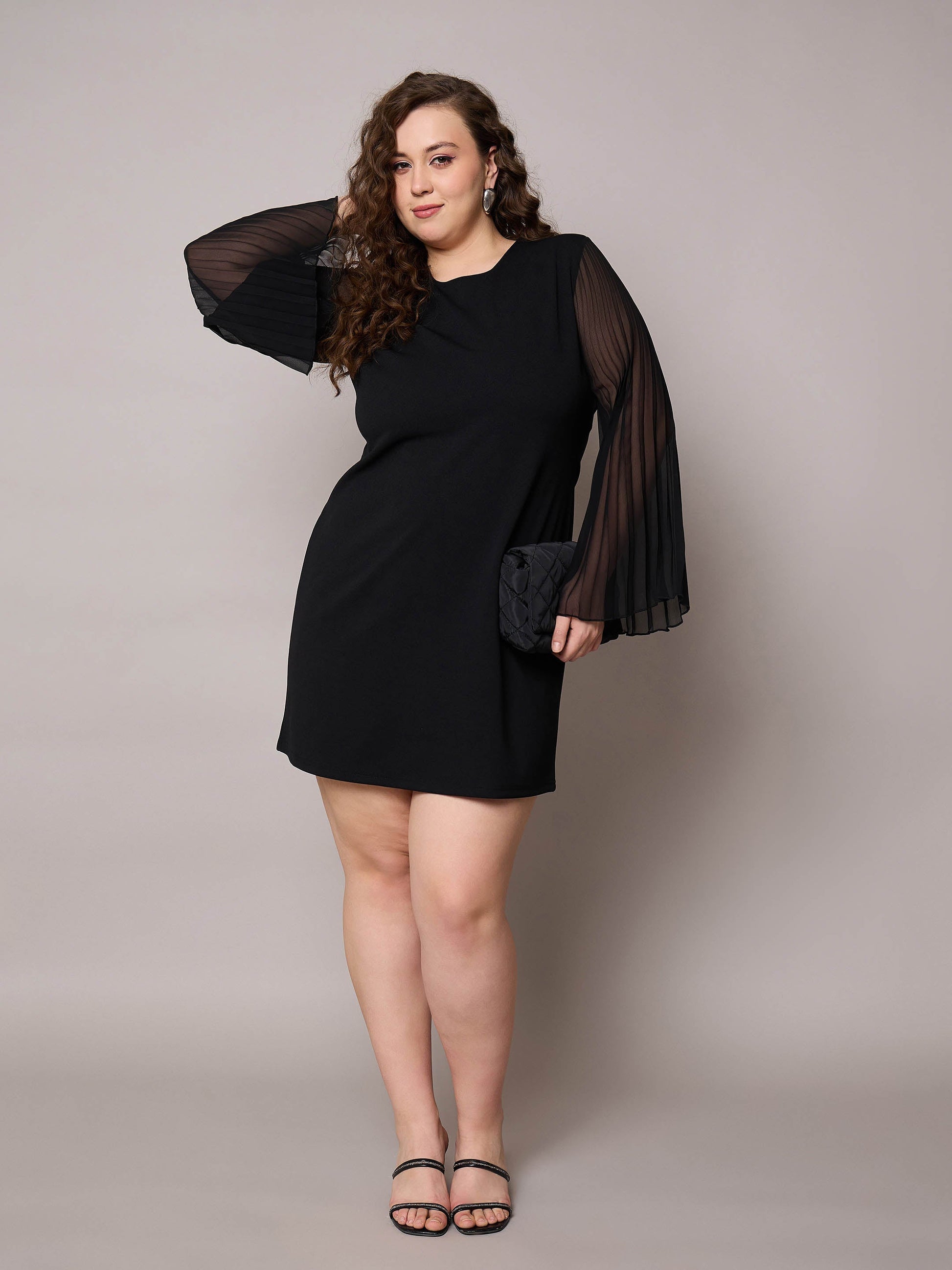 Black Pleated Sleeves Straight Fit Dress-SASSAFRAS Curve