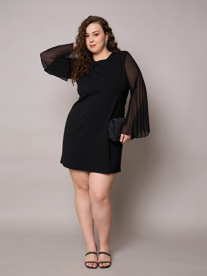 Black Pleated Sleeves Straight Fit Dress-SASSAFRAS Curve