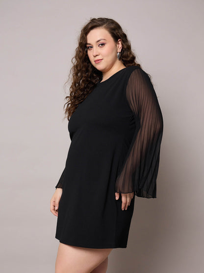 Black Pleated Sleeves Straight Fit Dress-SASSAFRAS Curve