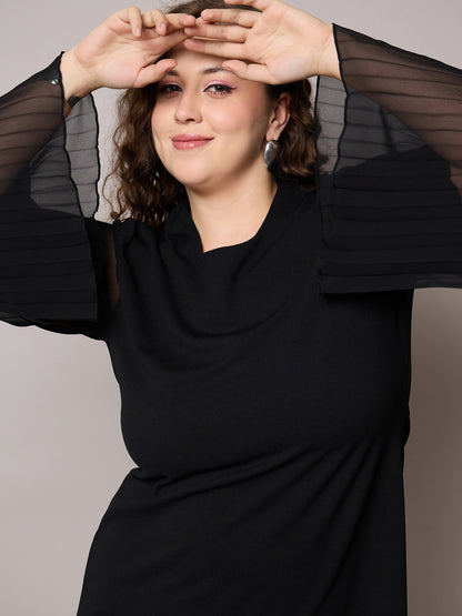 Black Pleated Sleeves Straight Fit Dress-SASSAFRAS Curve