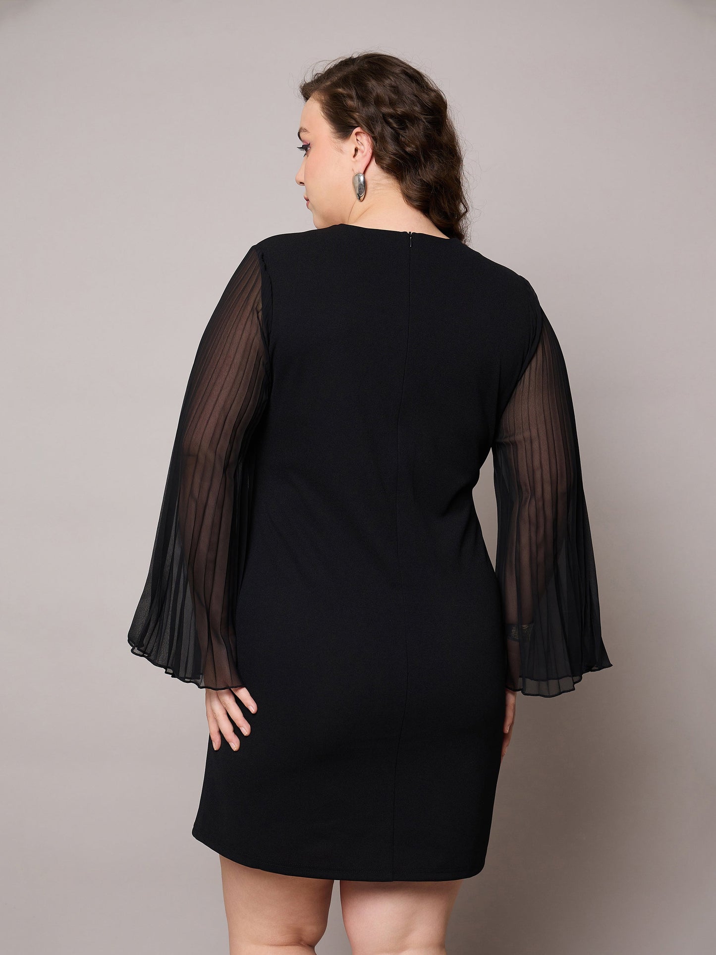 Black Pleated Sleeves Straight Fit Dress-SASSAFRAS Curve
