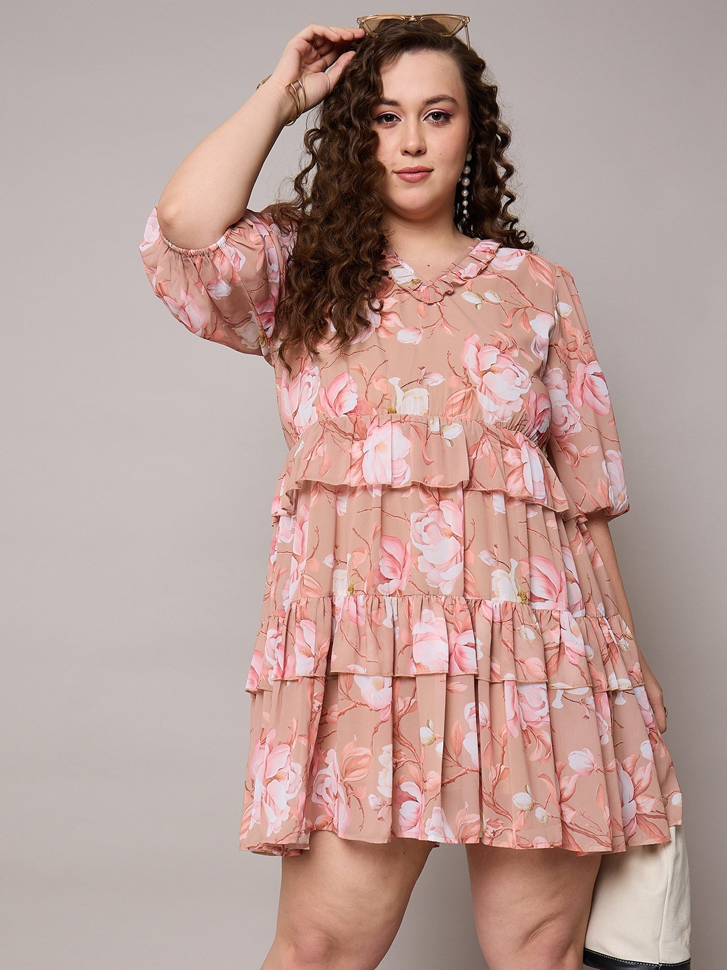Plus size women's Brown Georgette Brown Floral Short Tiered Dress by Sassafras Curve for wholesale buyers, boutiques, resellers and bulk orders from