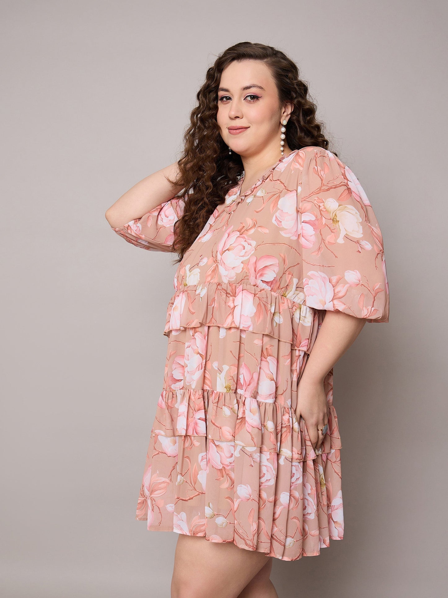 Brown Floral Short Tiered Dress-SASSAFRAS Curve