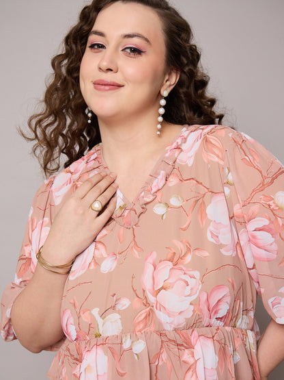 Brown Floral Short Tiered Dress-SASSAFRAS Curve