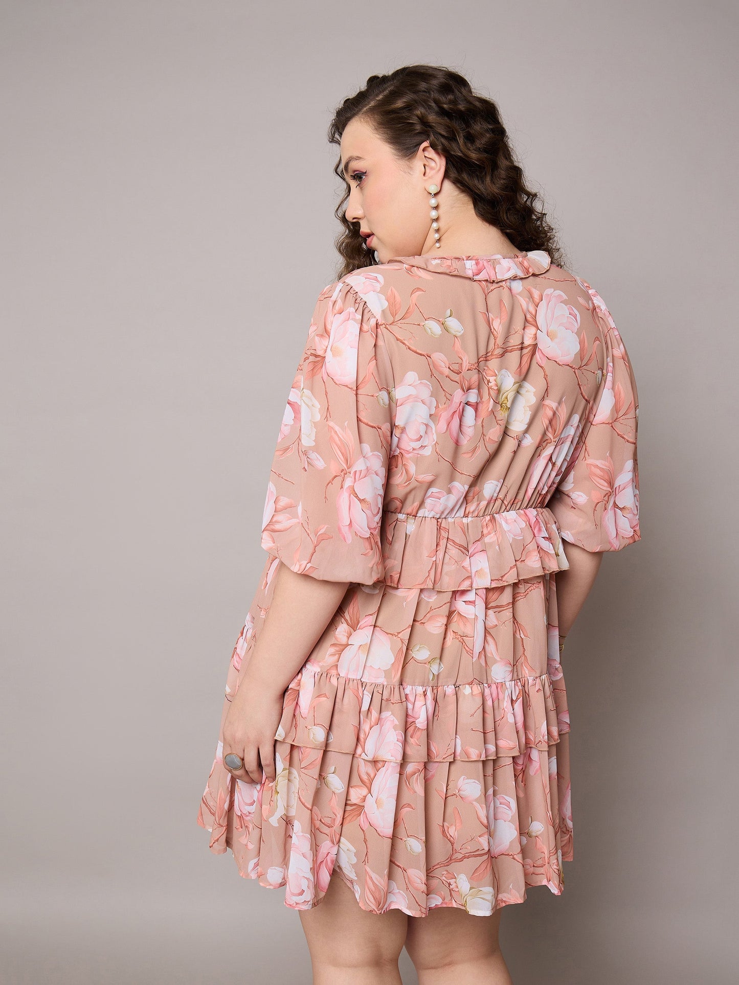 Brown Floral Short Tiered Dress-SASSAFRAS Curve