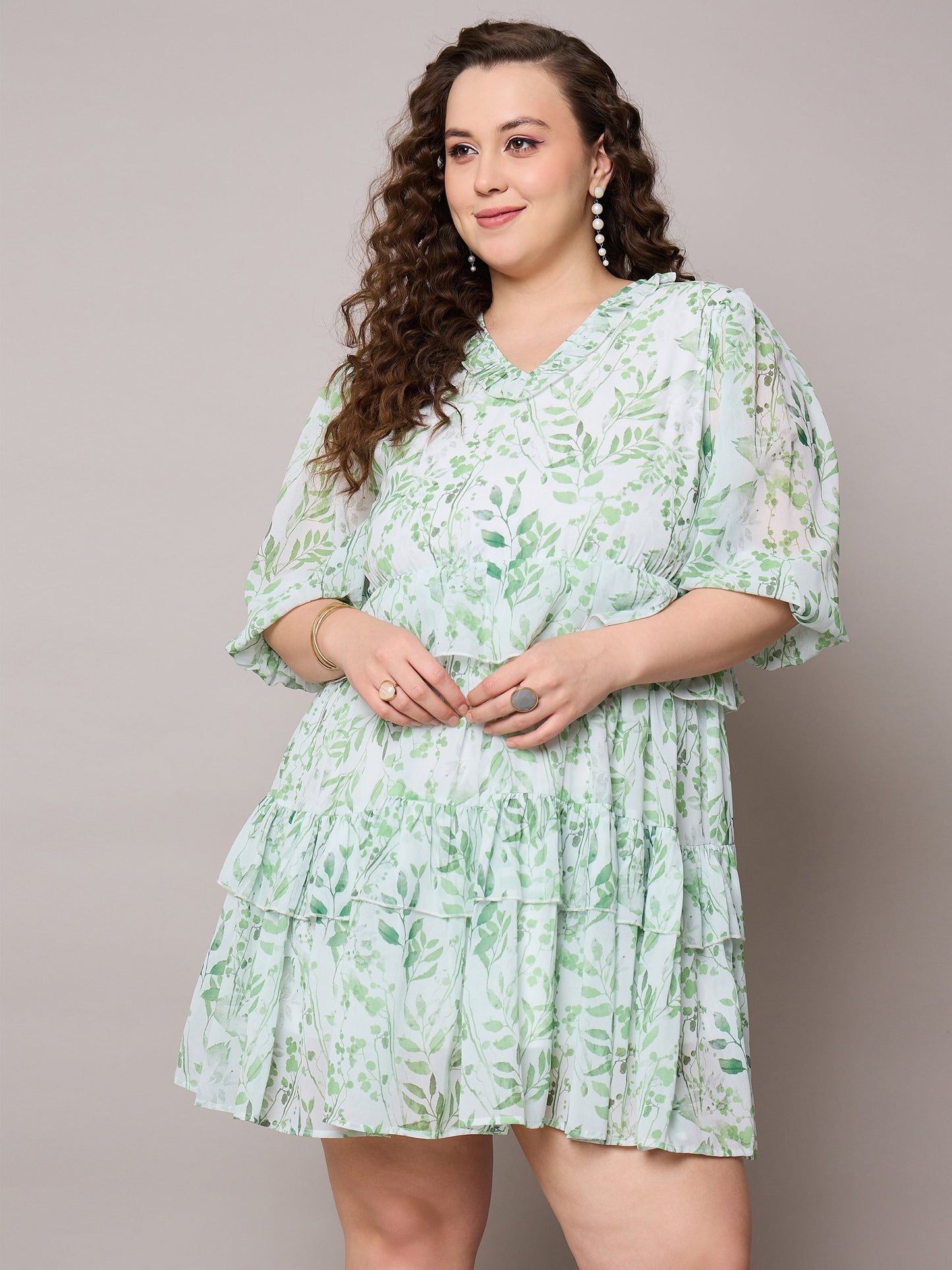 Plus size women's Green Georgette Green Floral Short Tiered Dress by Sassafras Curve for wholesale buyers, boutiques, resellers and bulk orders from