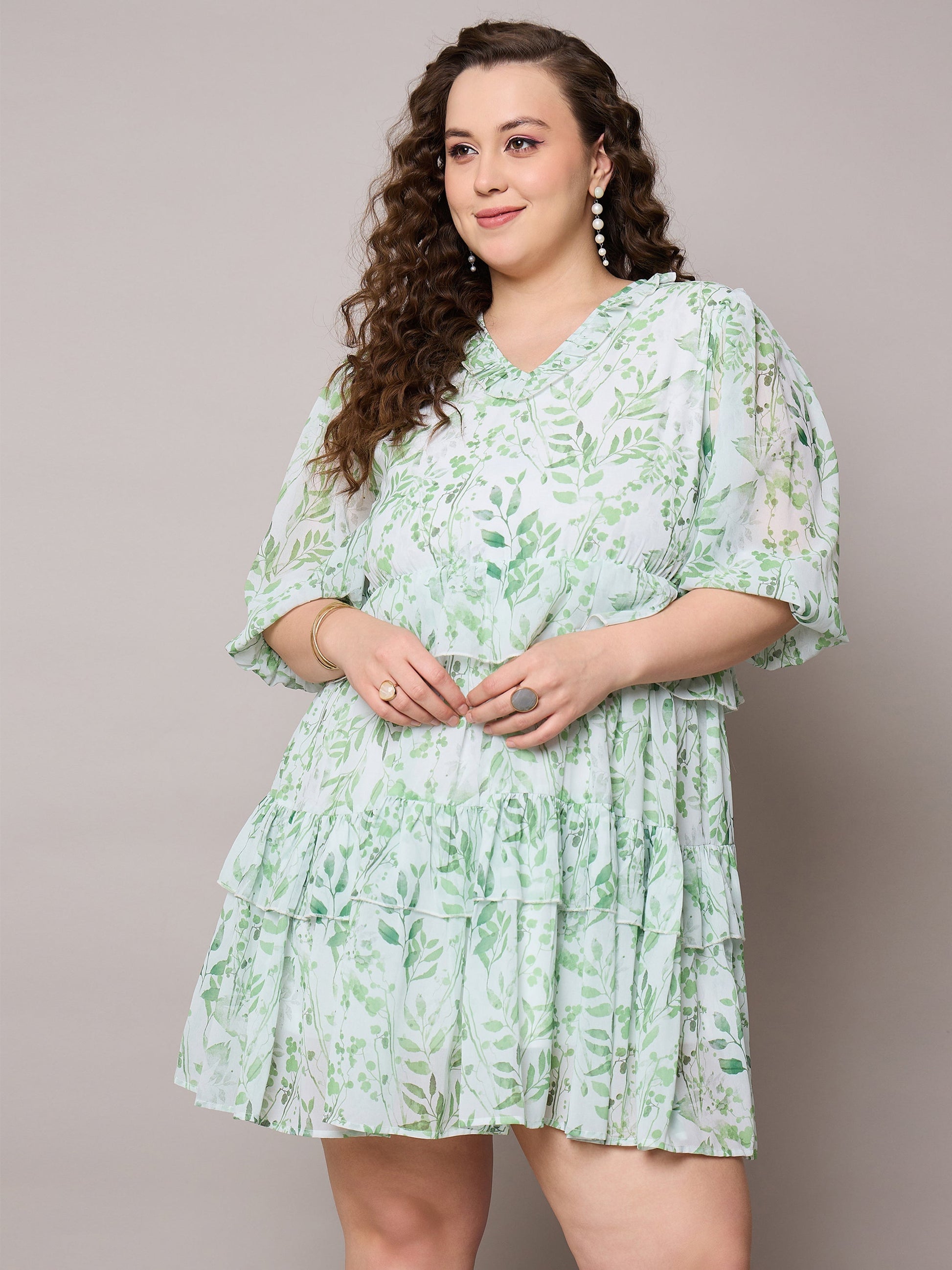 Plus size women's Green Georgette Green Floral Short Tiered Dress by Sassafras Curve for wholesale buyers, boutiques, resellers and bulk orders from
