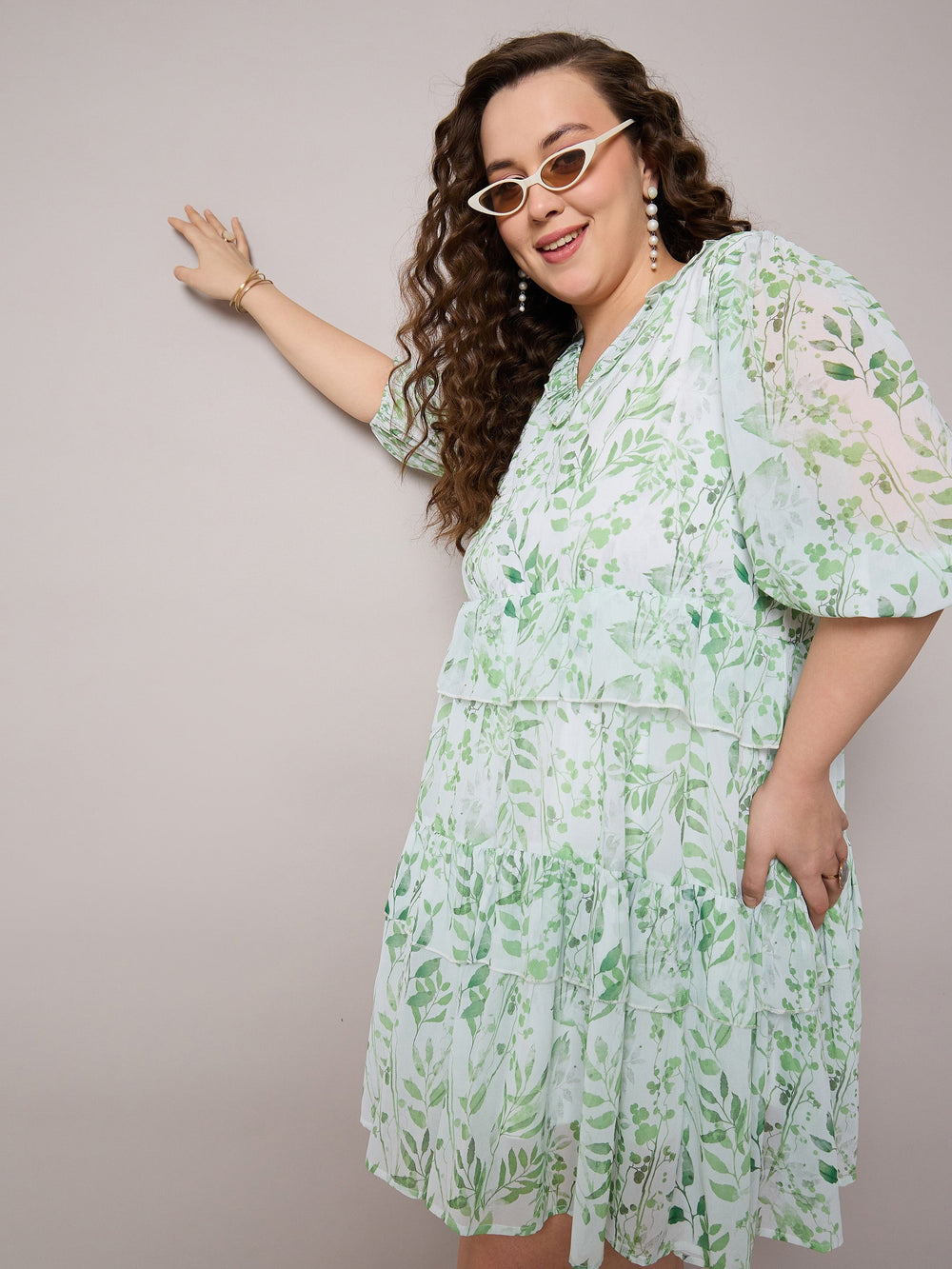 Green Floral Short Tiered Dress-SASSAFRAS Curve