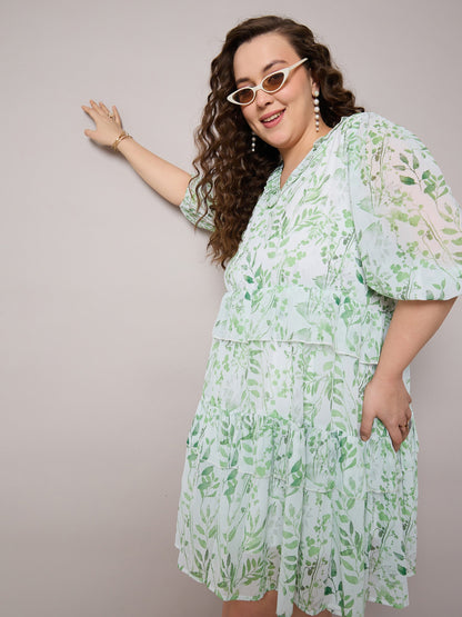Green Floral Short Tiered Dress-SASSAFRAS Curve