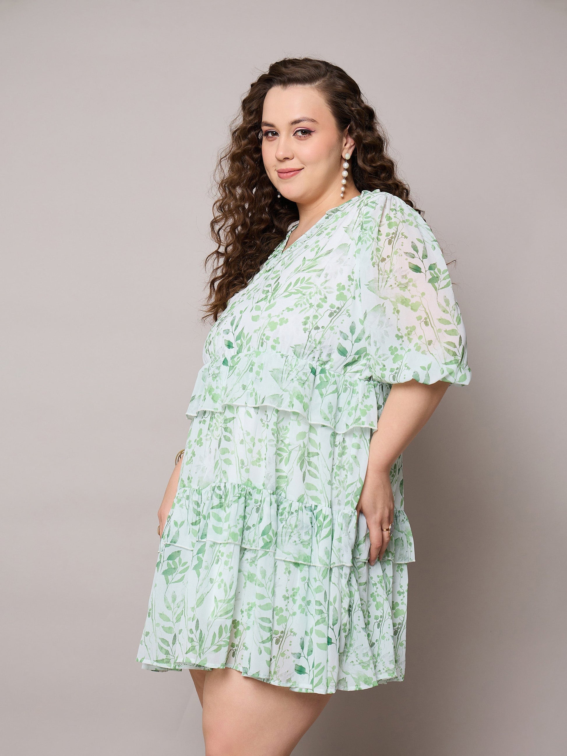 Green Floral Short Tiered Dress-SASSAFRAS Curve