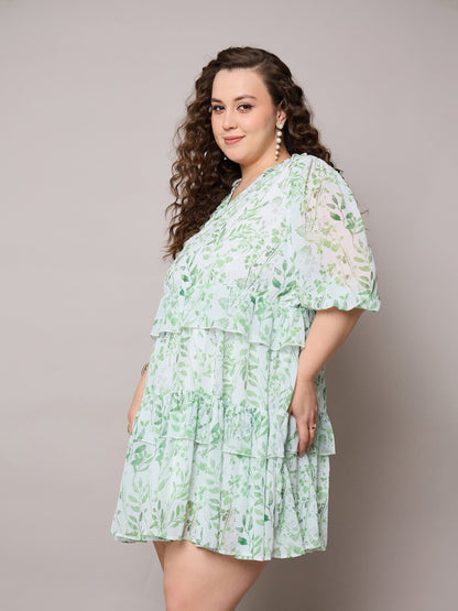 Green Floral Short Tiered Dress-SASSAFRAS Curve