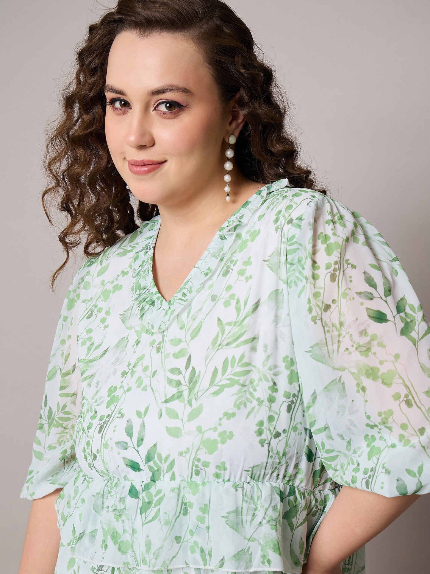 Green Floral Short Tiered Dress-SASSAFRAS Curve