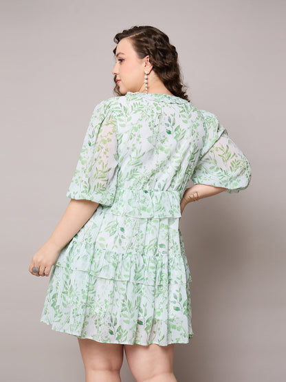 Green Floral Short Tiered Dress-SASSAFRAS Curve