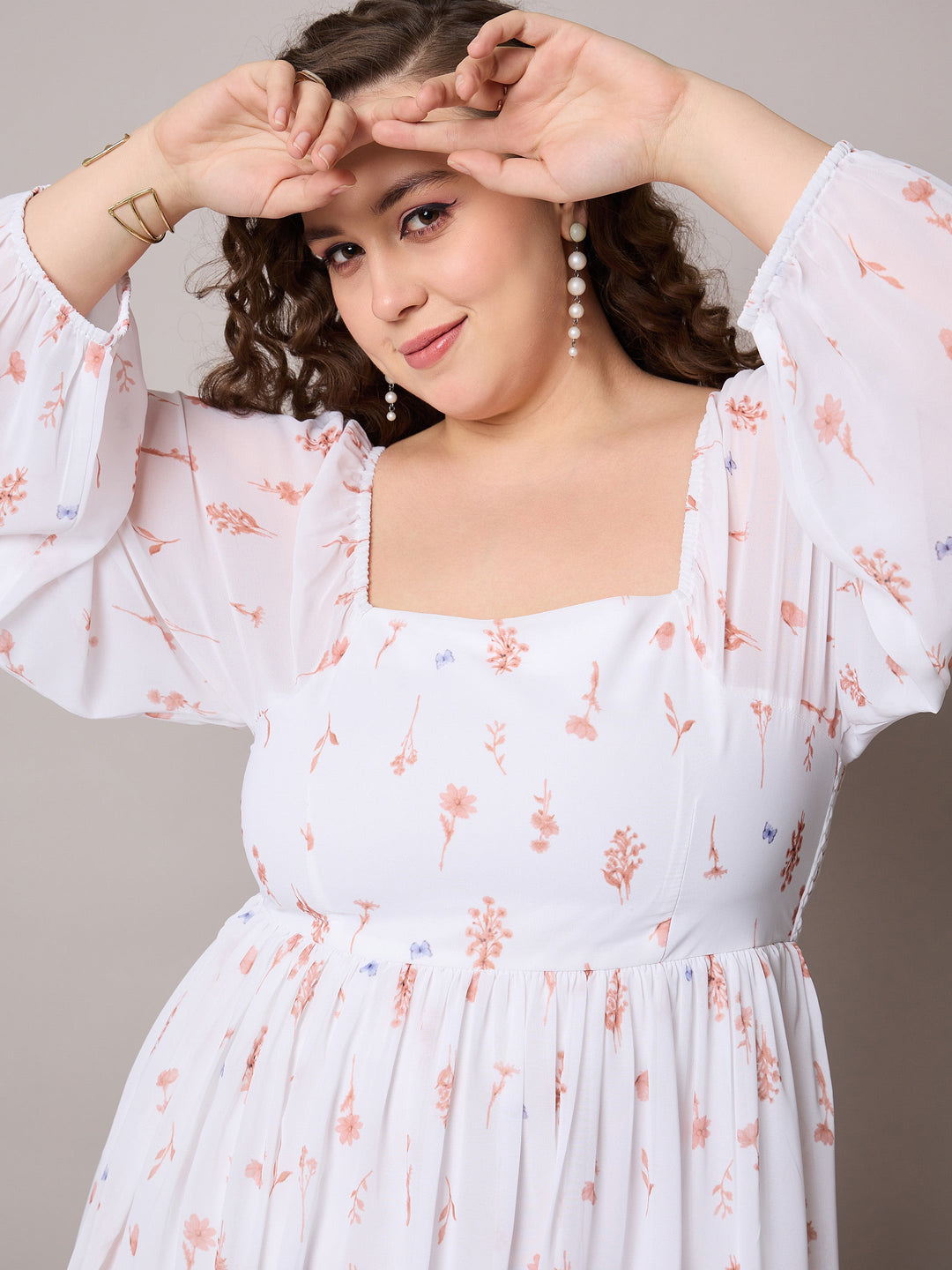 Brown Floral Square Neck Short Skater Dress-SASSAFRAS Curve
