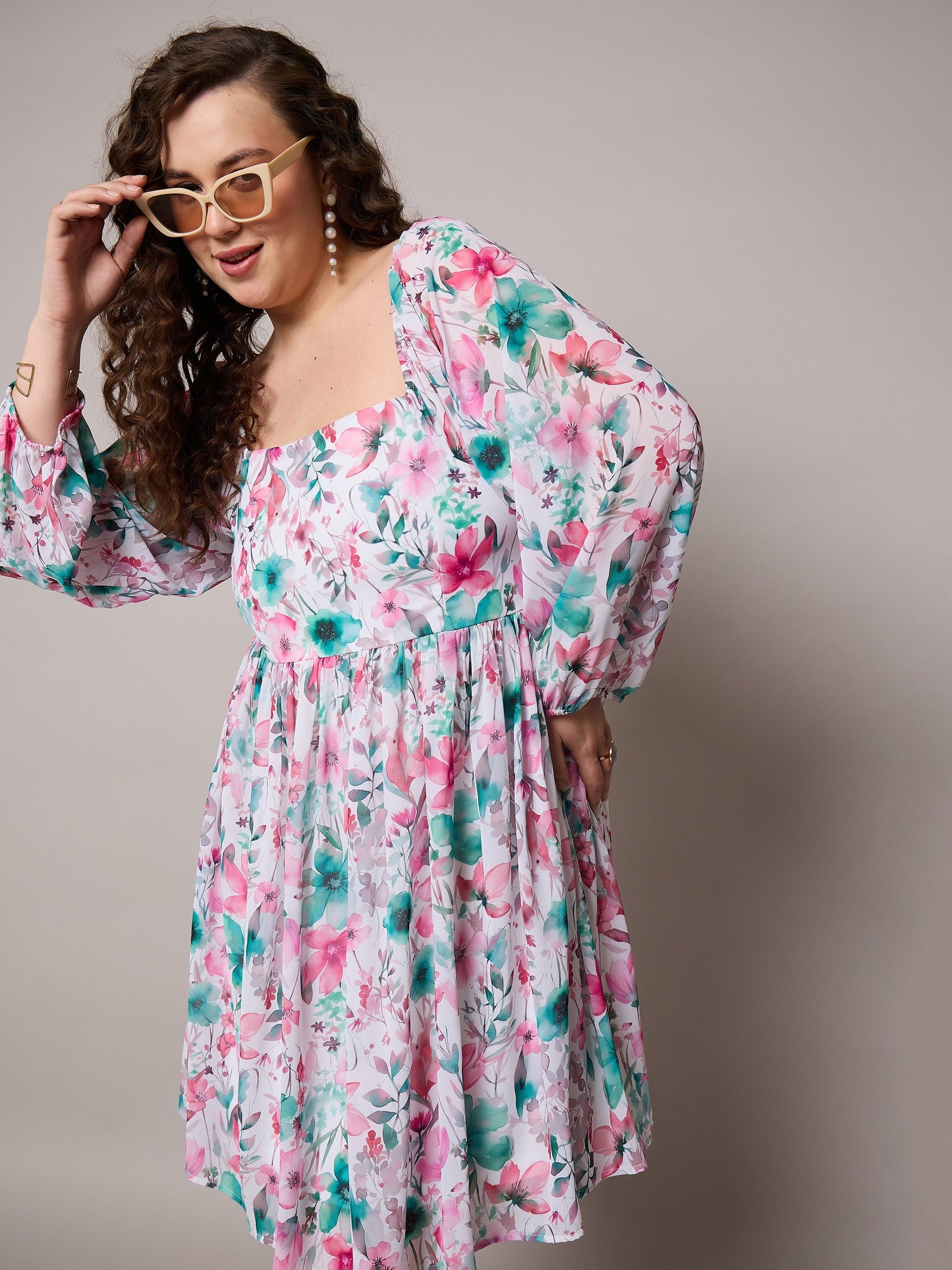 Plus size women's Pink Georgette Pink Floral Square Neck Short Skater Dress by Sassafras Curve for wholesale buyers, boutiques, resellers and bulk