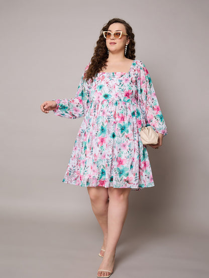 Pink Floral Square Neck Short Skater Dress-SASSAFRAS Curve
