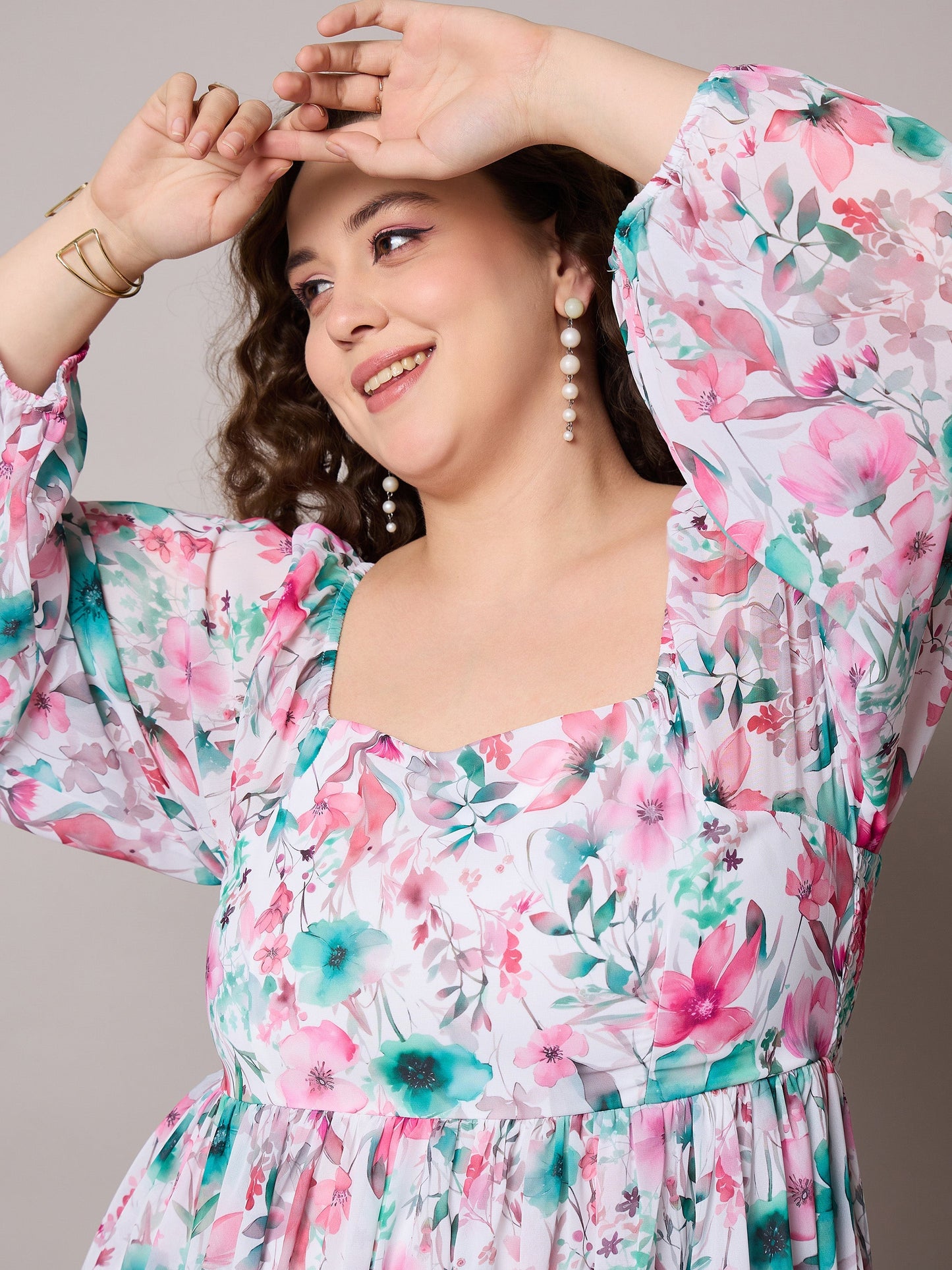 Pink Floral Square Neck Short Skater Dress-SASSAFRAS Curve