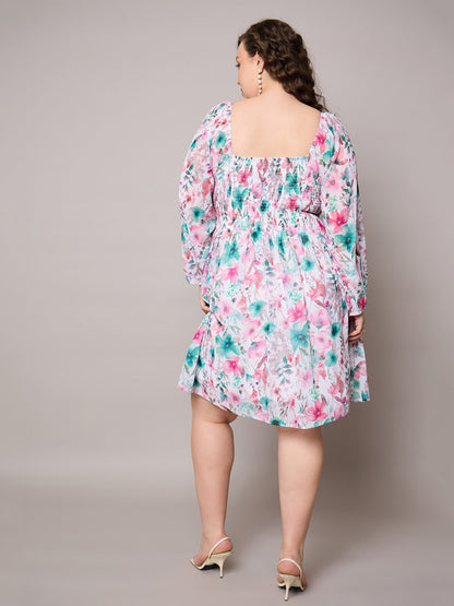 Pink Floral Square Neck Short Skater Dress-SASSAFRAS Curve