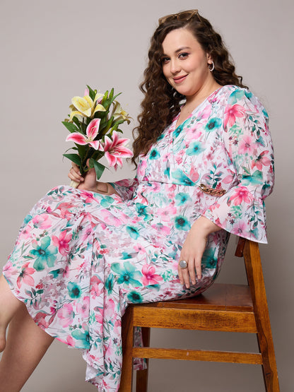 Plus size women's Pink Georgette Pink Floral Frill Hem Midi Dress by Sassafras Curve for wholesale buyers, boutiques, resellers and bulk orders from