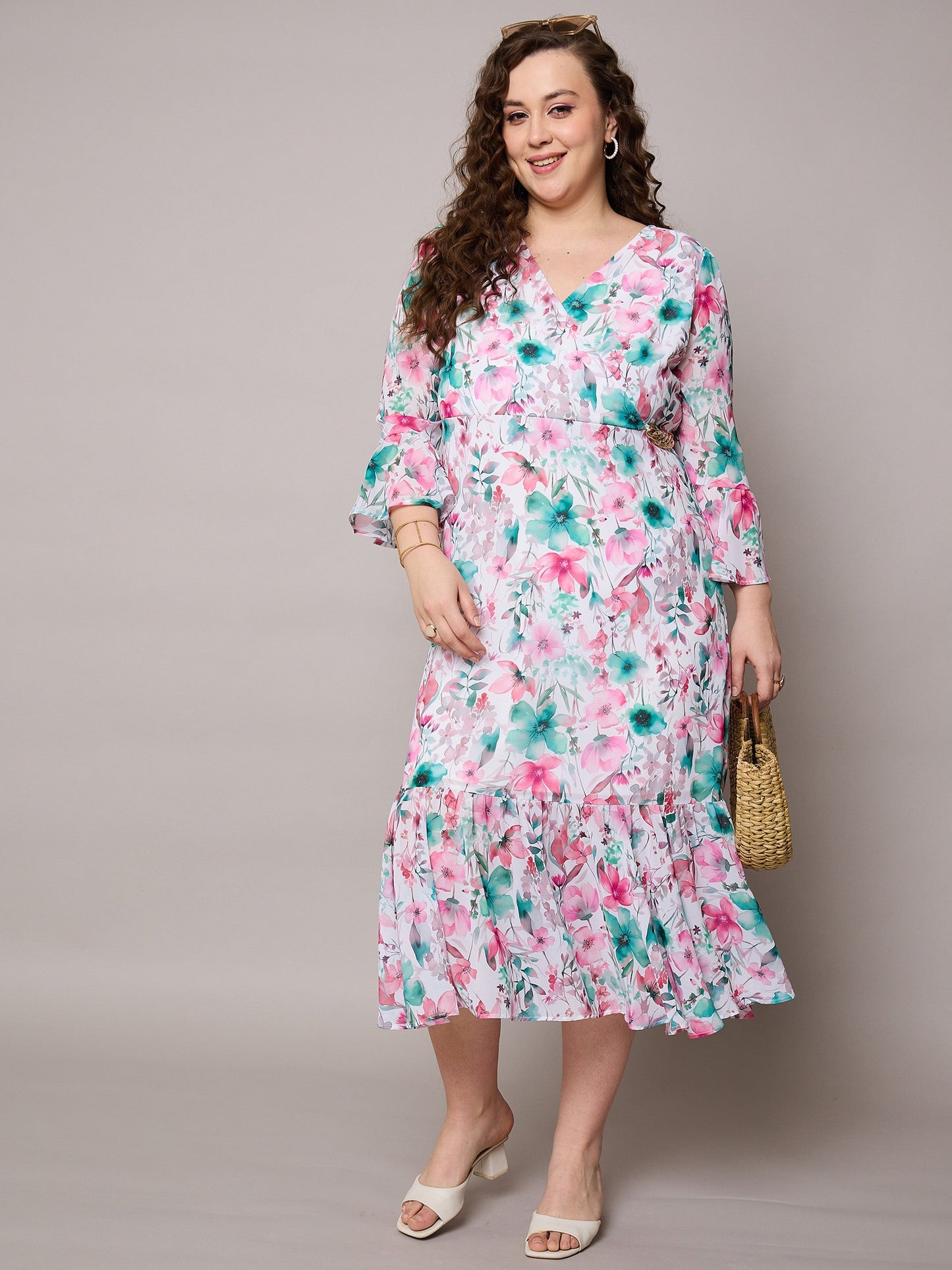 Pink Floral Frill Hem Midi Dress-SASSAFRAS Curve