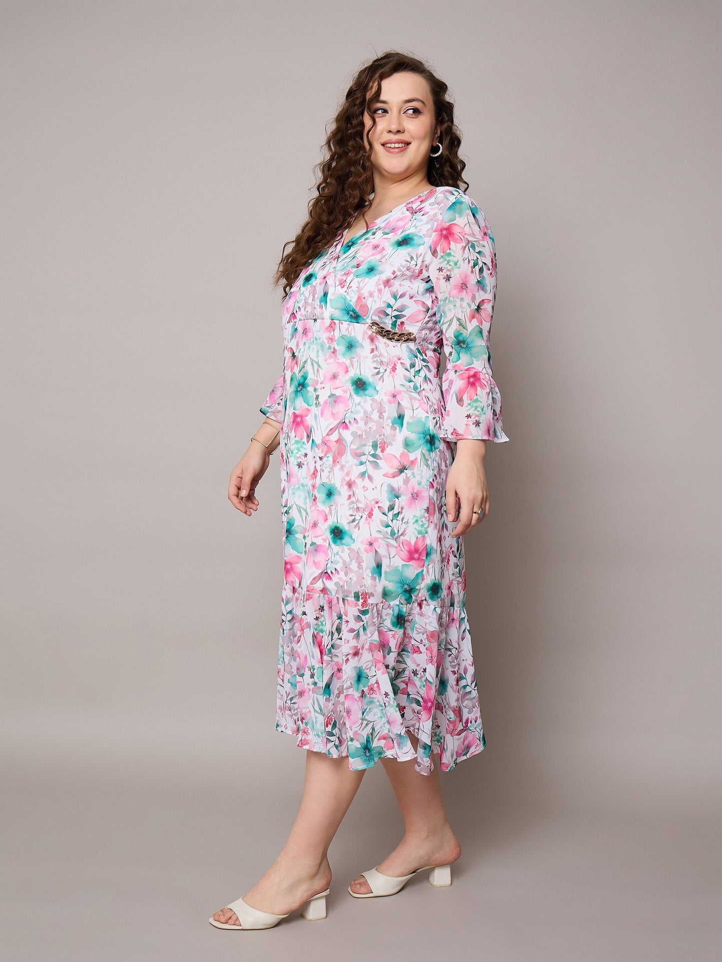 Pink Floral Frill Hem Midi Dress-SASSAFRAS Curve