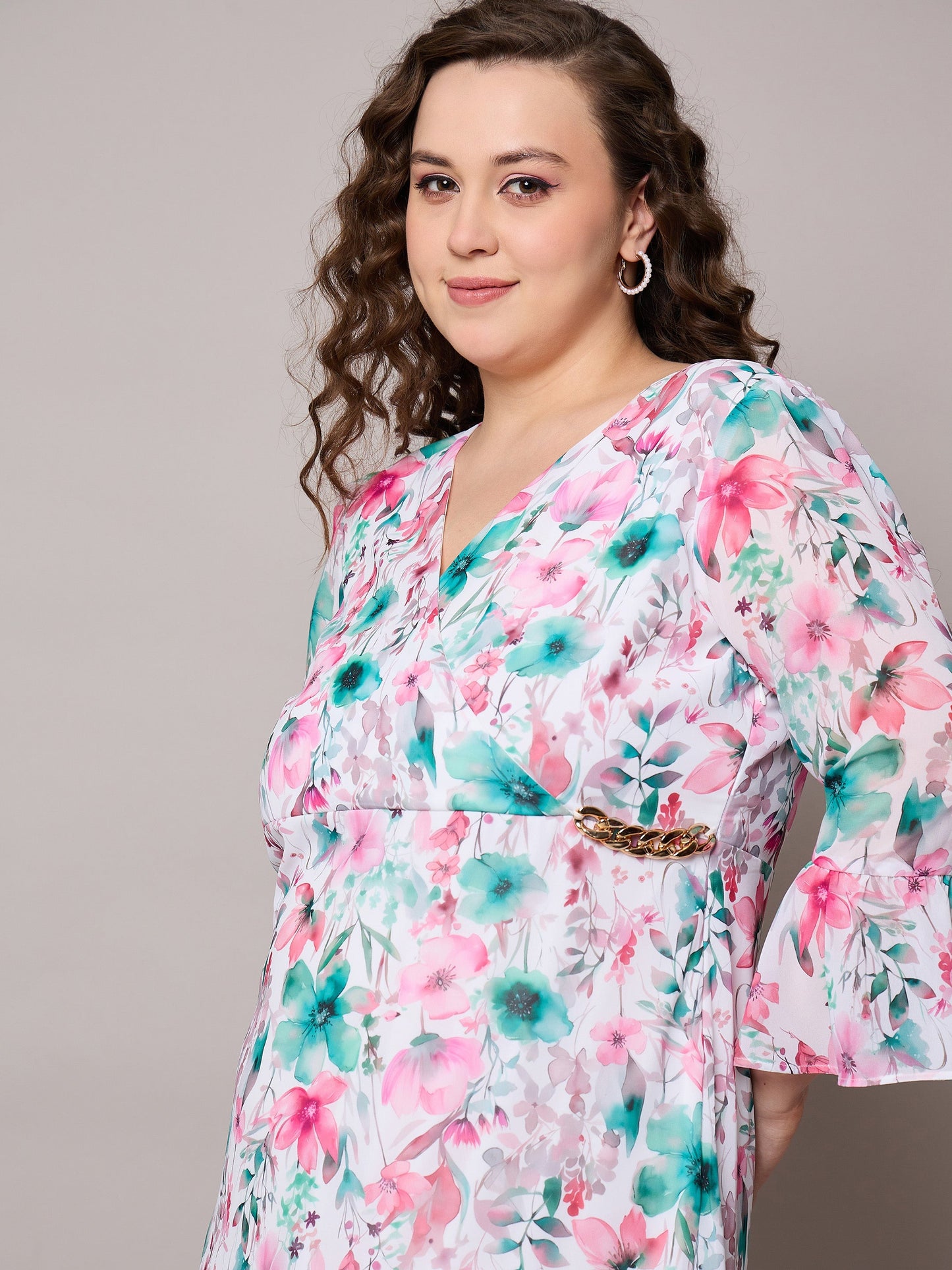Pink Floral Frill Hem Midi Dress-SASSAFRAS Curve