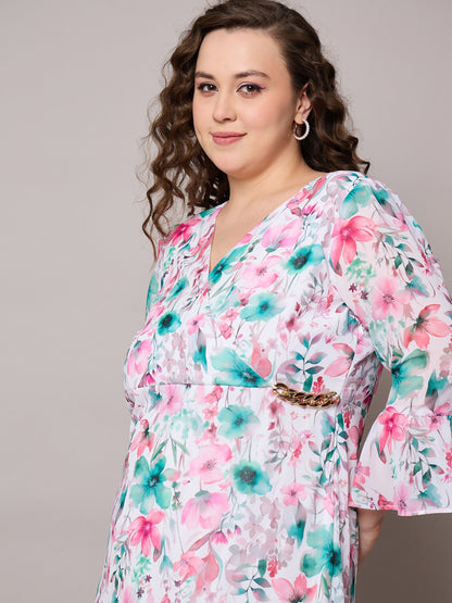 Pink Floral Frill Hem Midi Dress-SASSAFRAS Curve