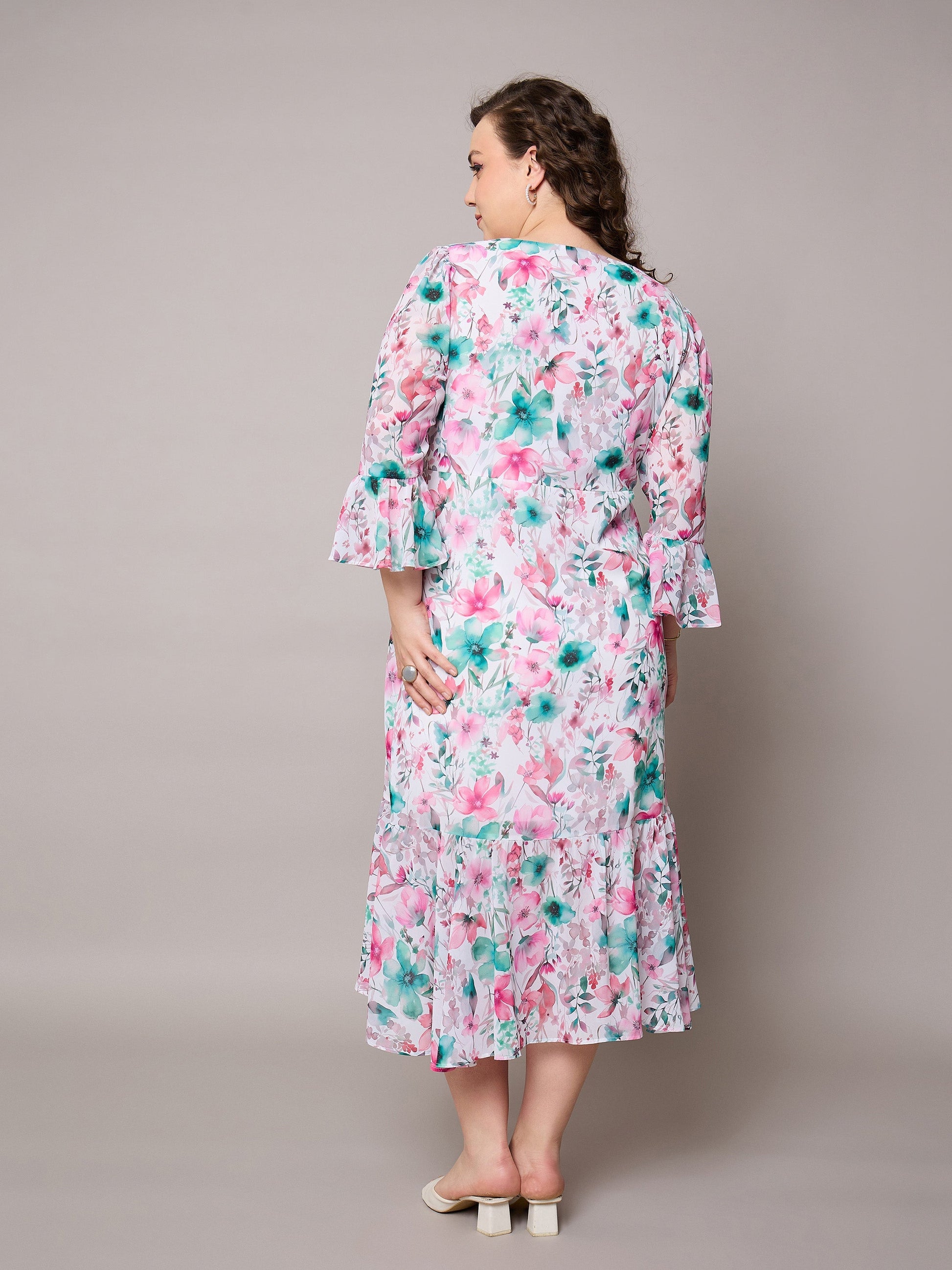 Pink Floral Frill Hem Midi Dress-SASSAFRAS Curve