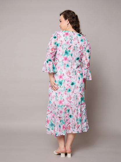 Pink Floral Frill Hem Midi Dress-SASSAFRAS Curve