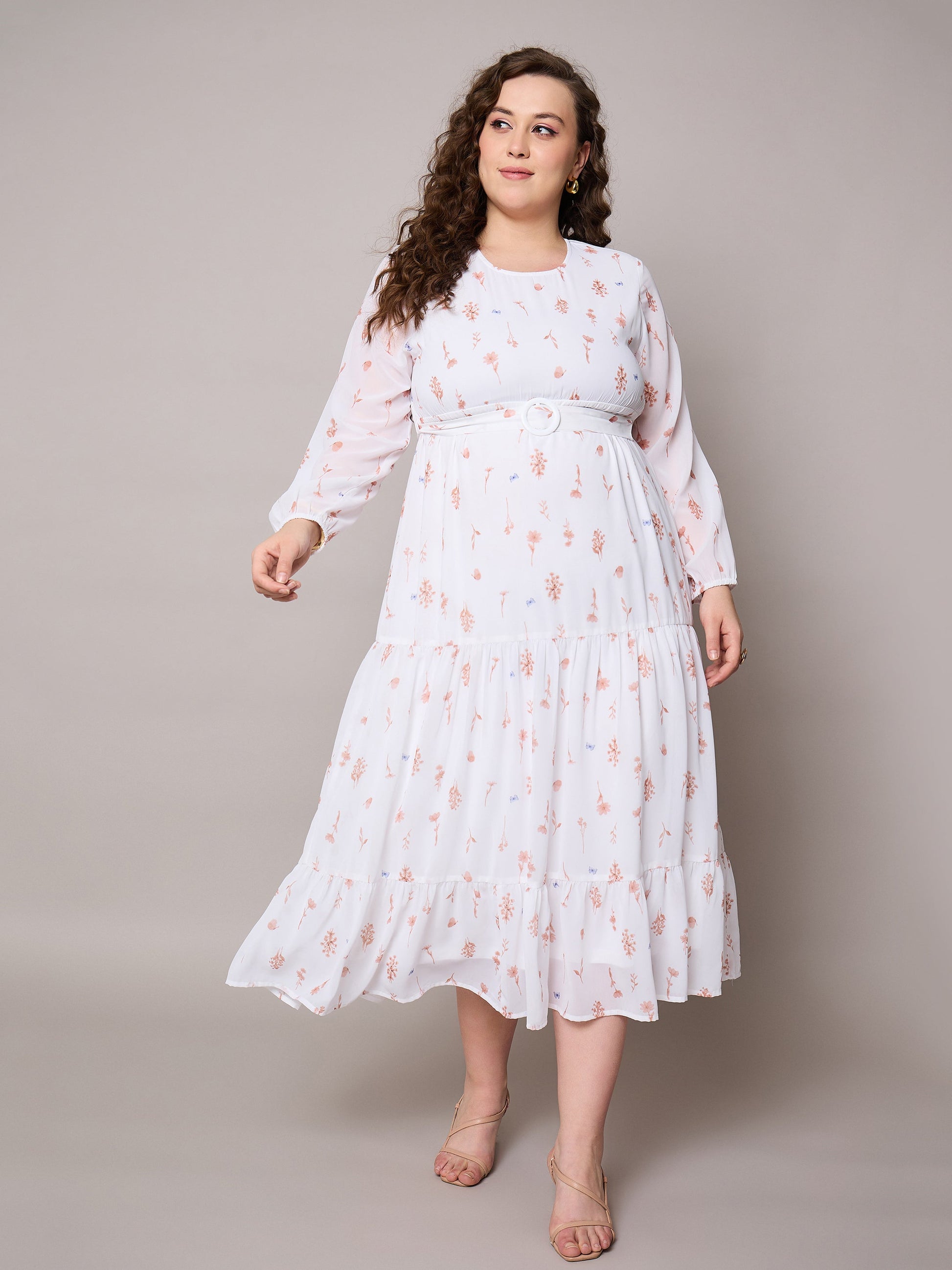 Plus size women's Brown Georgette Brown Floral Tiered Maxi Dress by Sassafras Curve for wholesale buyers, boutiques, resellers and bulk orders from