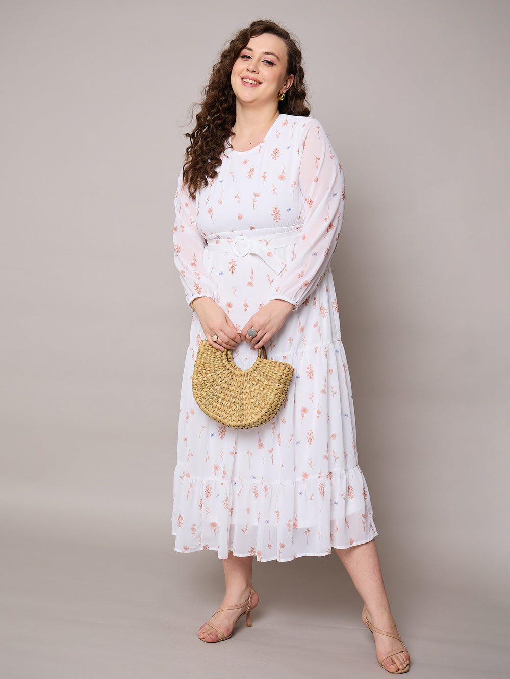 Brown Floral Tiered Maxi Dress-SASSAFRAS Curve