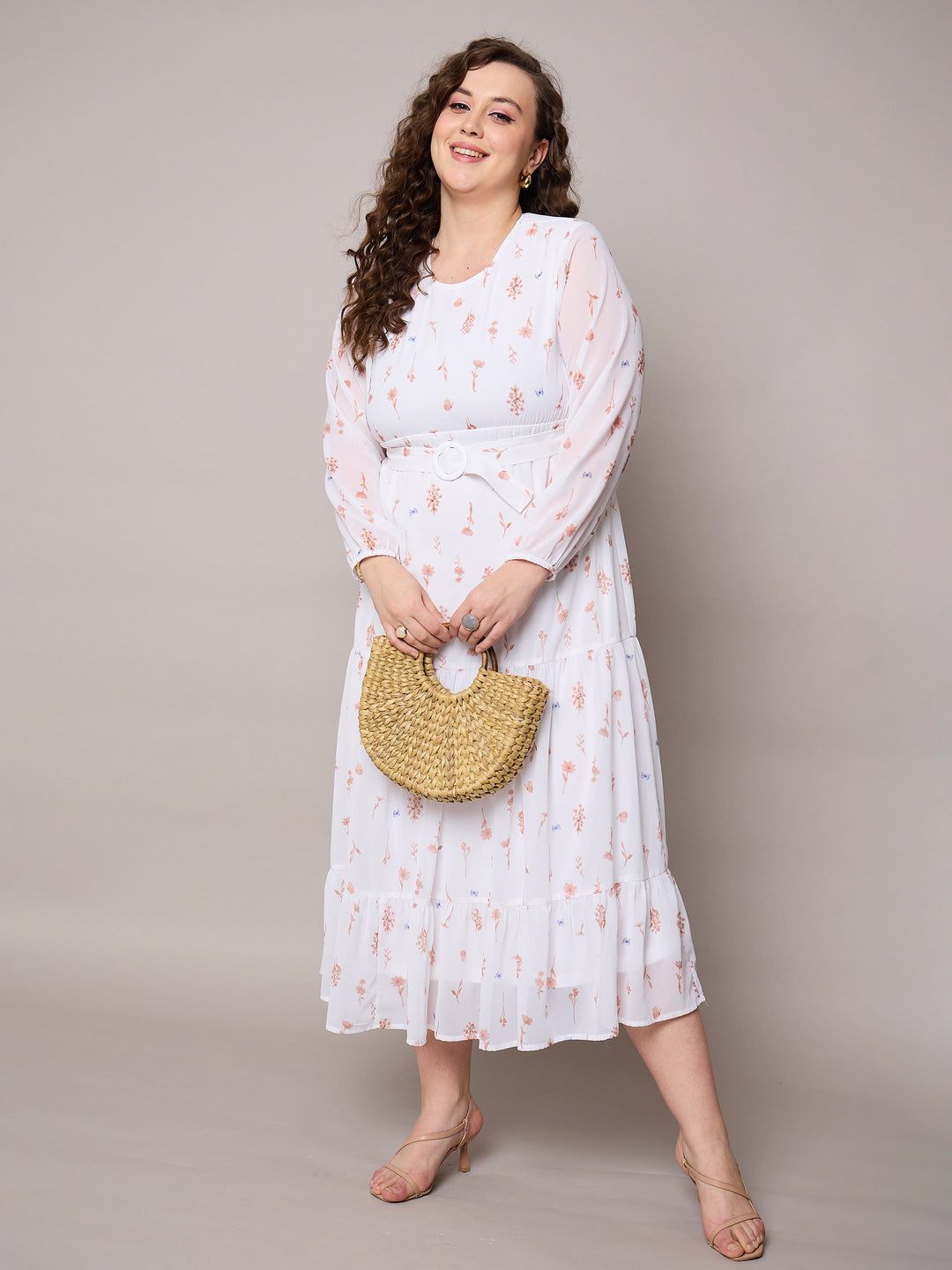 Brown Floral Tiered Maxi Dress-SASSAFRAS Curve