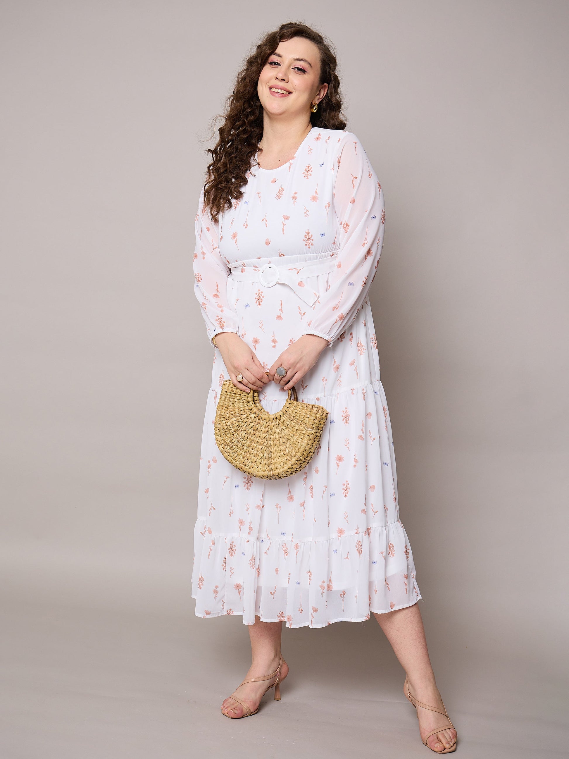 Brown Floral Tiered Maxi Dress-SASSAFRAS Curve