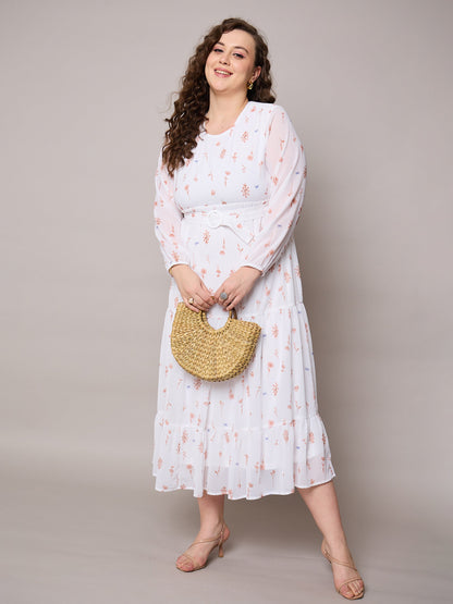 Brown Floral Tiered Maxi Dress-SASSAFRAS Curve