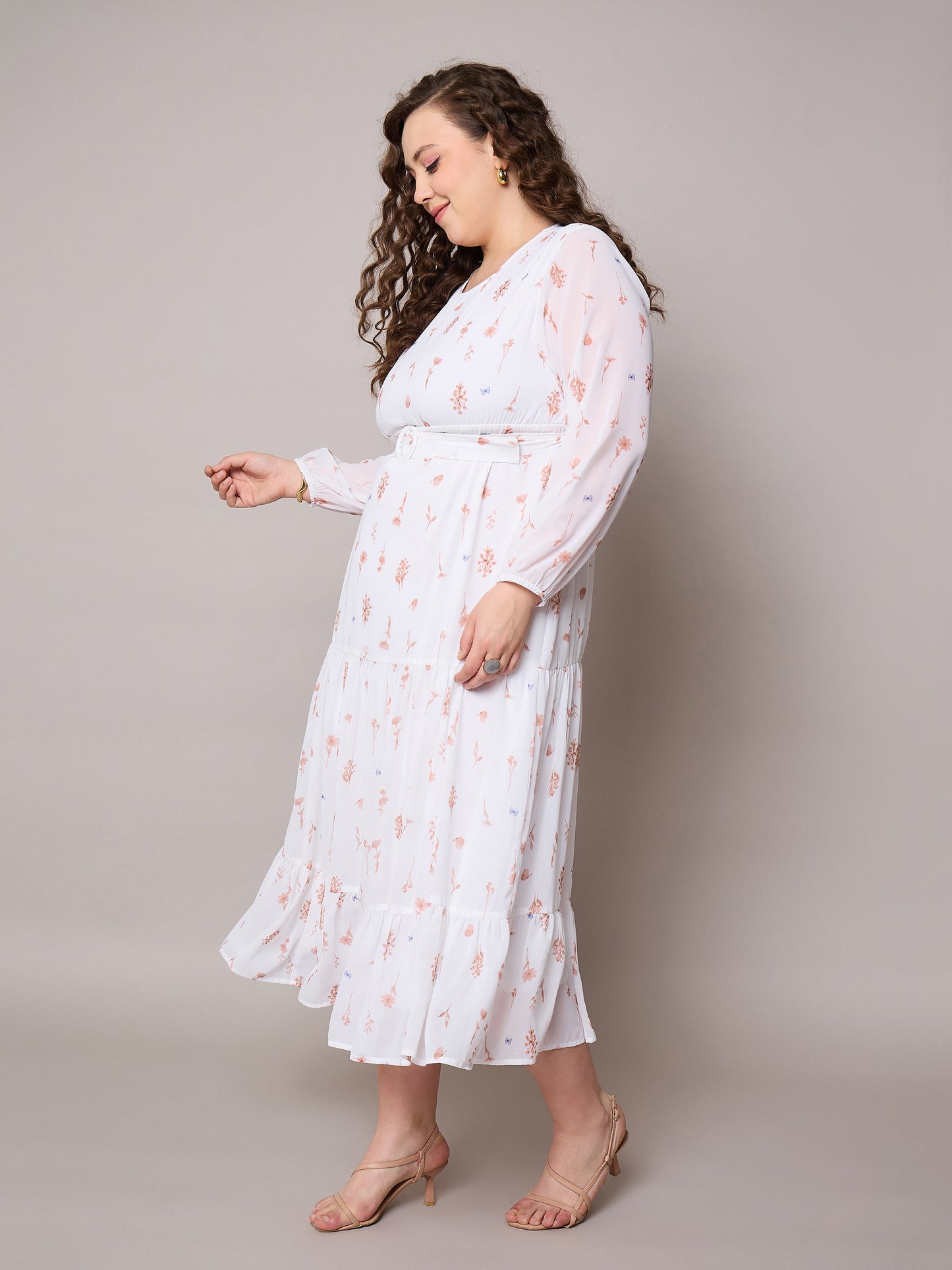 Brown Floral Tiered Maxi Dress-SASSAFRAS Curve