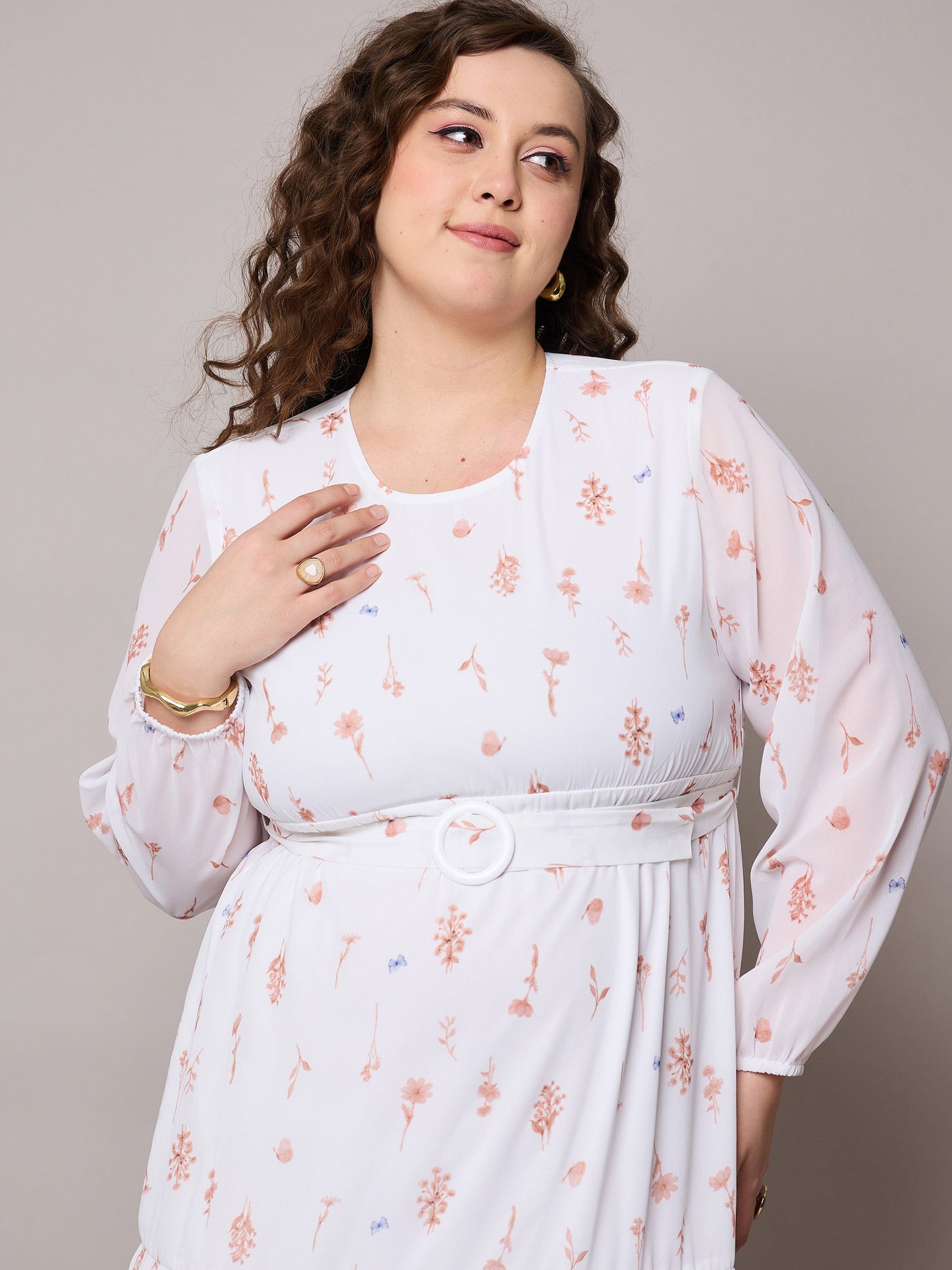 Brown Floral Tiered Maxi Dress-SASSAFRAS Curve