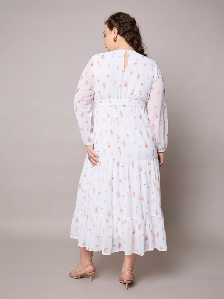 Brown Floral Tiered Maxi Dress-SASSAFRAS Curve