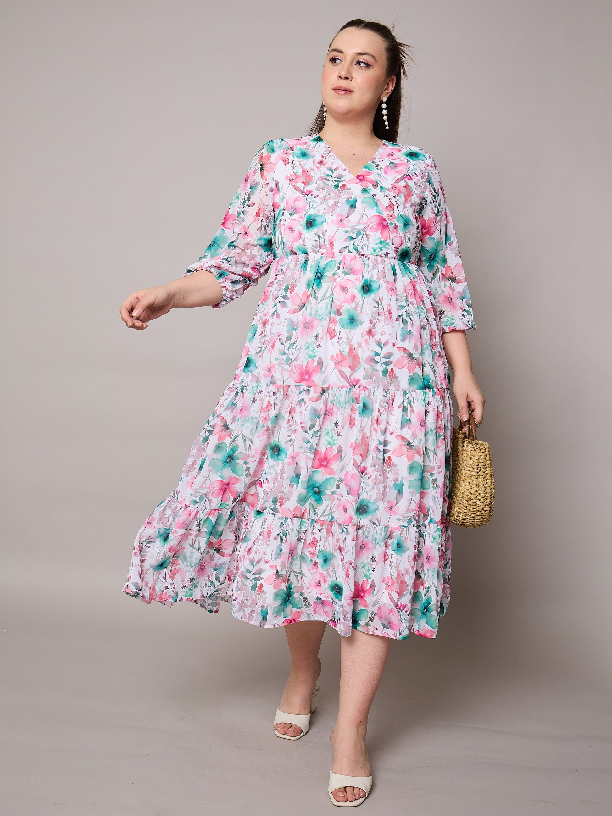Plus size women's Pink Georgette Pink Floral Wrap Neck Tiered Midi Dress by Sassafras Curve for wholesale buyers, boutiques, resellers and bulk