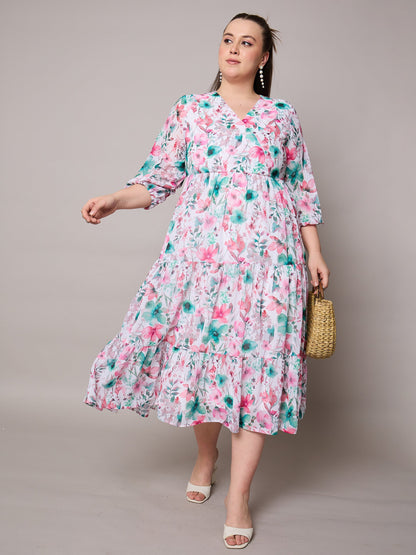 Plus size women's Pink Georgette Pink Floral Wrap Neck Tiered Midi Dress by Sassafras Curve for wholesale buyers, boutiques, resellers and bulk
