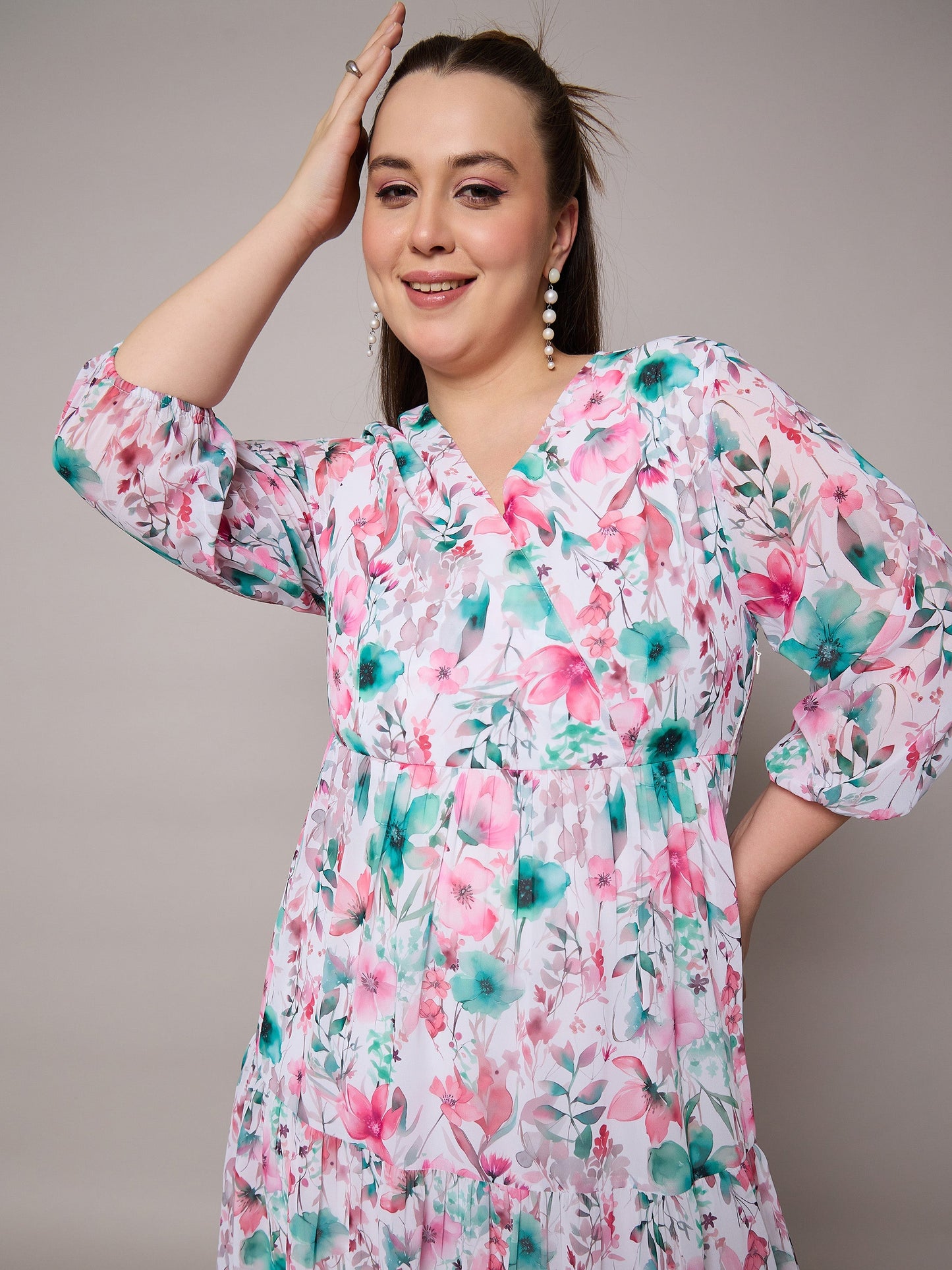 Pink Floral Wrap Neck Tiered Midi Dress-SASSAFRAS Curve